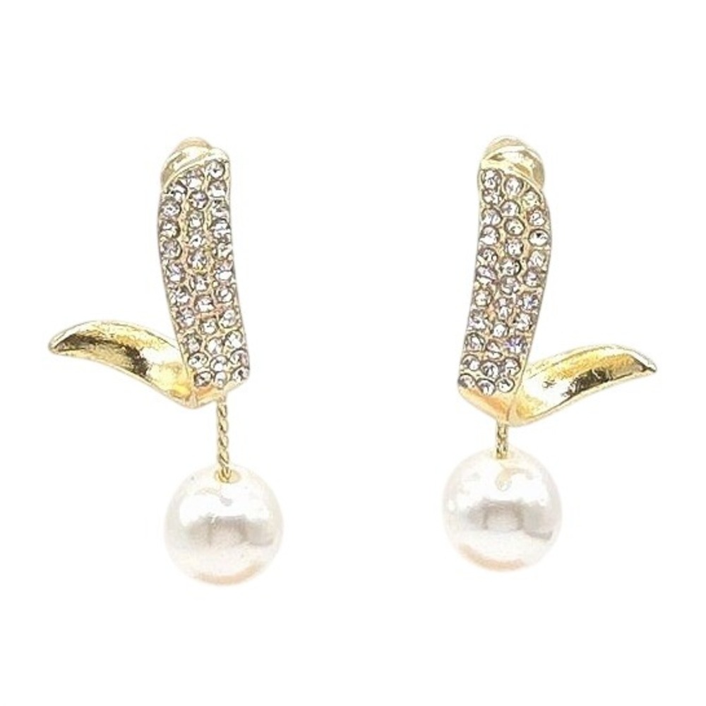 Gold Tone Crystal Ribbon Dangle Earrings Pearl Drop Studs Statement‎ 925 Posts